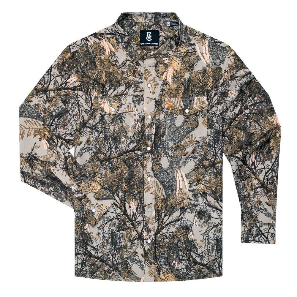 NEW RAISED BY COYOTES men's mesquite pearl snap shirt in camo